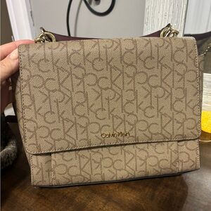 Calvin Klein Beige Monogram Chain Crossbody Bag